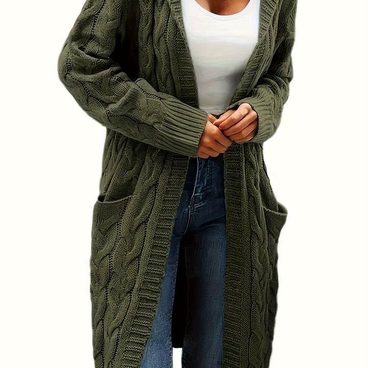 Modny długi kardigan damski z kapturem i kieszeniami. Elegancki sweter.