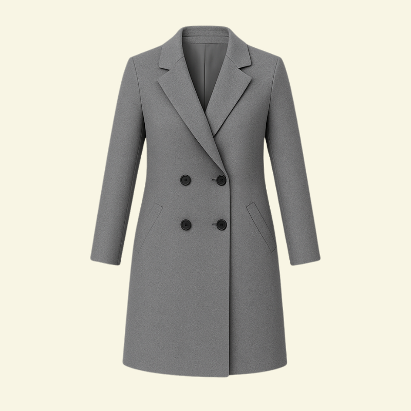 Damski klasyczny długi płaszcz na guziki, idealny na jesień i zimę. Eleganckie okrycie wierzchnie, moda damska.