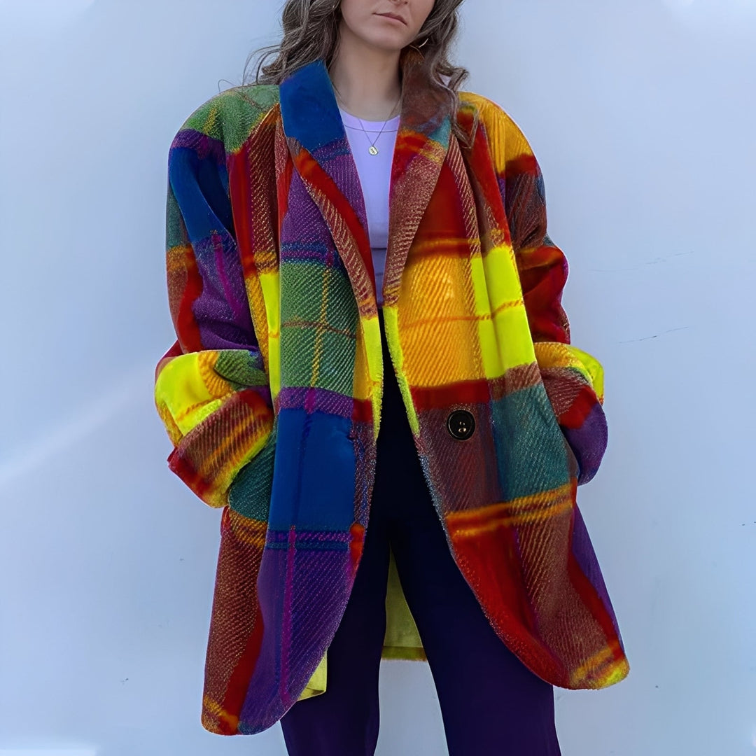 Damski kolorowy płaszcz w modną kratę z klapami i kieszeniami, idealny na jesień i wiosnę. Stylowy i elegancki.