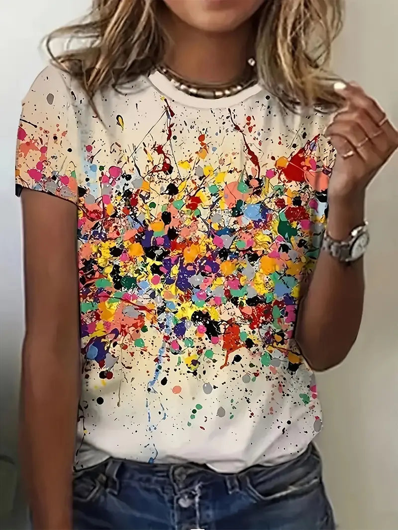 Damski kolorowy t-shirt. Letnia, modna odzież casualowa na wiosnę/lato. Styl i komfort na co dzień.