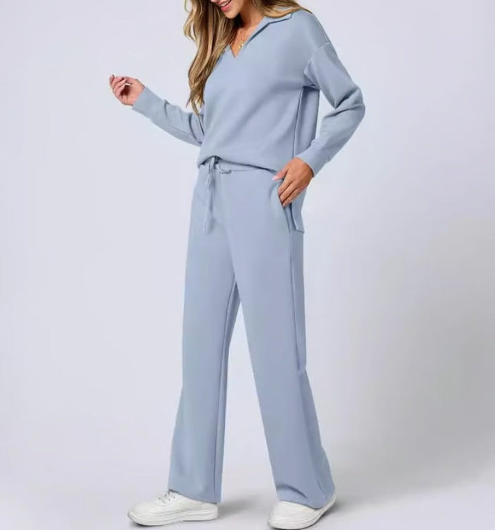 Moda damska: wygodny komplet bluza na zamek + szerokie spodnie. Styl miejski.
