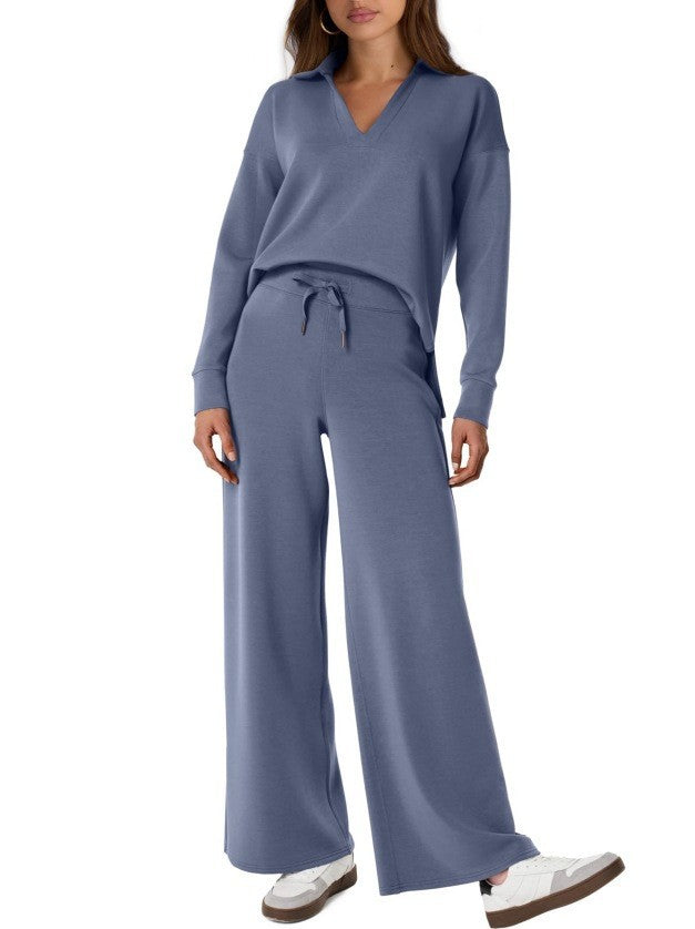 Casualowy komplet: bluza damska zip-up i szerokie spodnie. Perfekcyjny do loungewear.