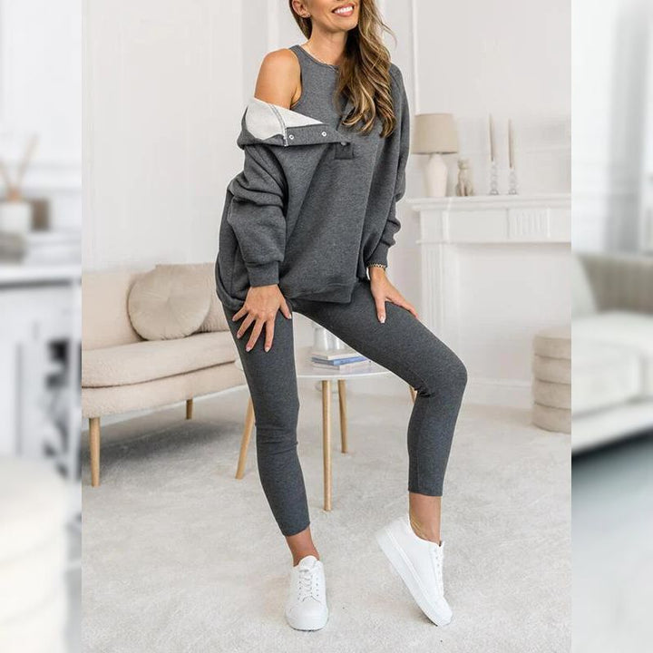 Modny dres damski casual z bawełny fleece: bluza i legginsy. Idealny do relaksu i aktywności.
