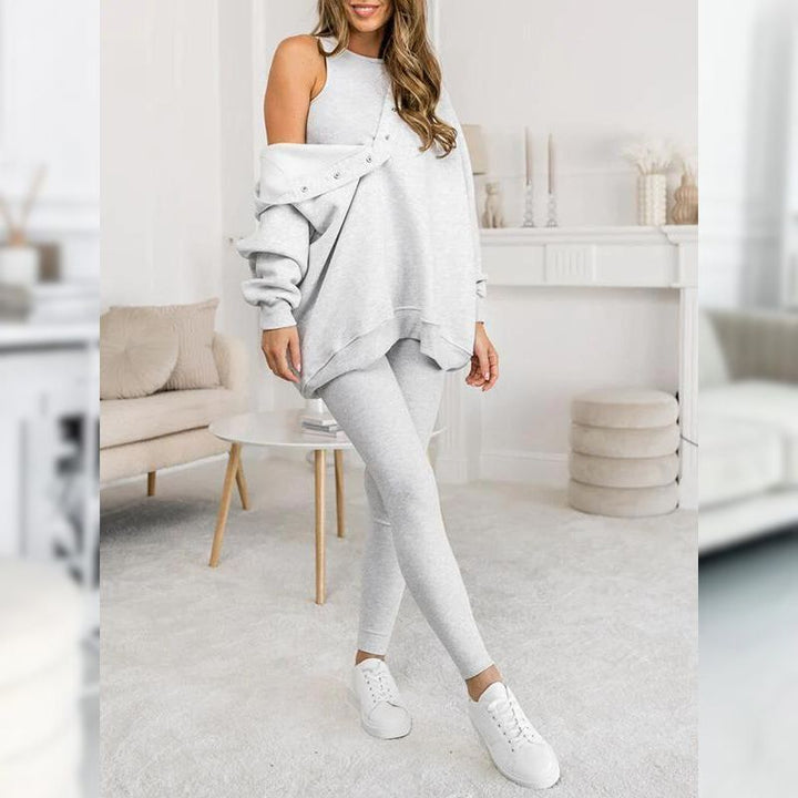 Strój damski sportowo-casualowy: bawełniana bluza z polaru i legginsy. Idealny na wiosnę.