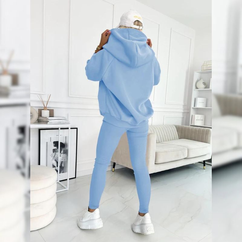 Komplet dresowy damski z bawełny fleece, bluza i legginsy. Wygodny na co dzień, odzież casualowa.