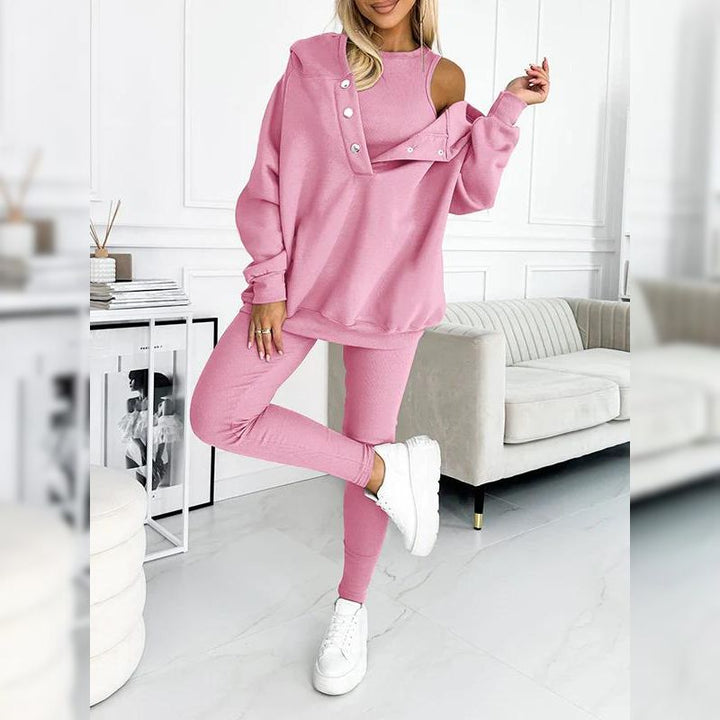 Komfortowy dres damski z fleecem bawełnianym, bluza z długim rękawem i dopasowane legginsy.