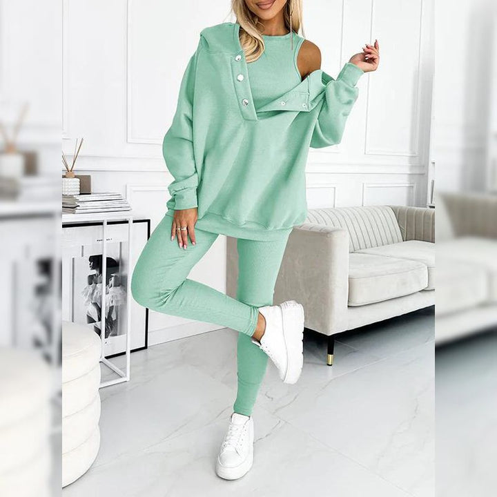 Elegancki dres sportowy damski, wykonany z miękkiej bawełny fleece. Komplet bluza i legginsy.