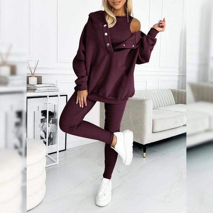 Casualowy komplet damski bawełniany: wygodna bluza dresowa i legginsy z fleecem. Komfortowy zestaw.