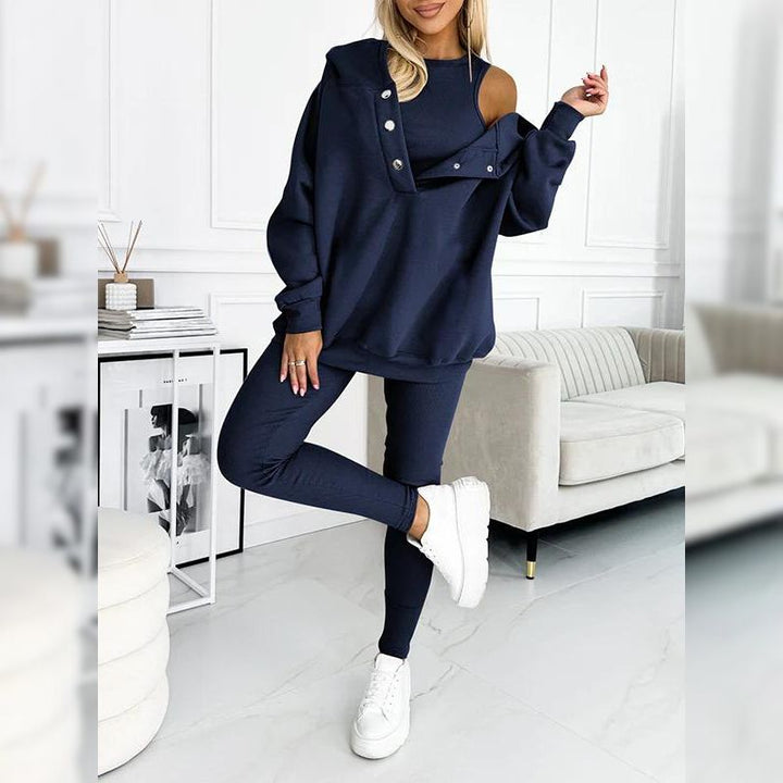 Miękki dres damski z fleecem, bawełniany zestaw: bluza z okrągłym dekoltem i legginsy.