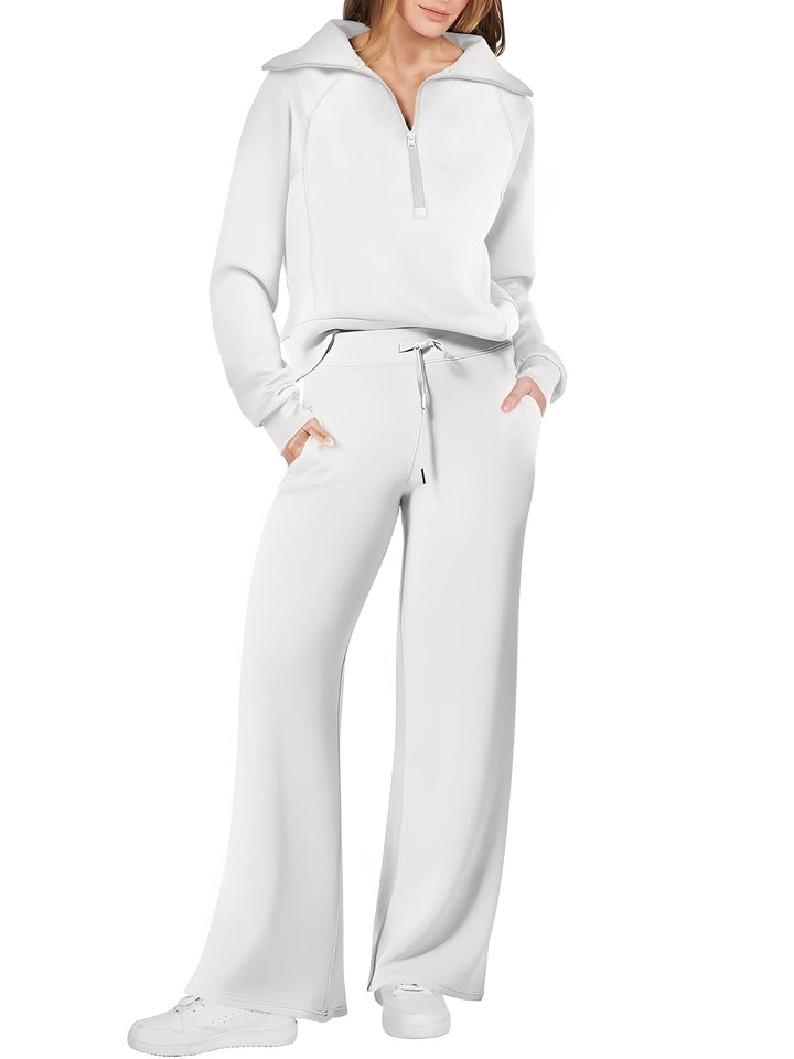 Stylowy damski zestaw loungewear, sweter i spodnie, na jesień/zimę, modna odzież domowa.