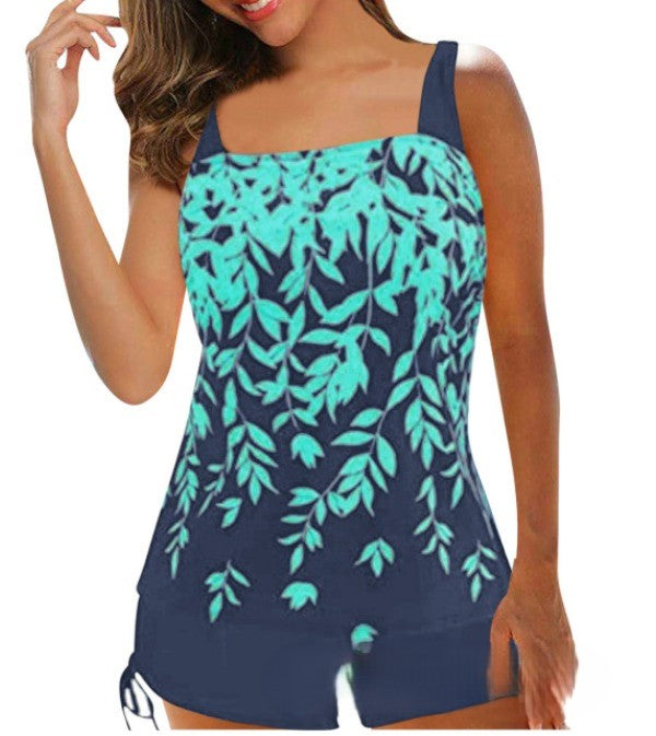 Elegancki damski kostium kąpielowy (tankini) z topem i szortami. Modny styl na basen i plażę.