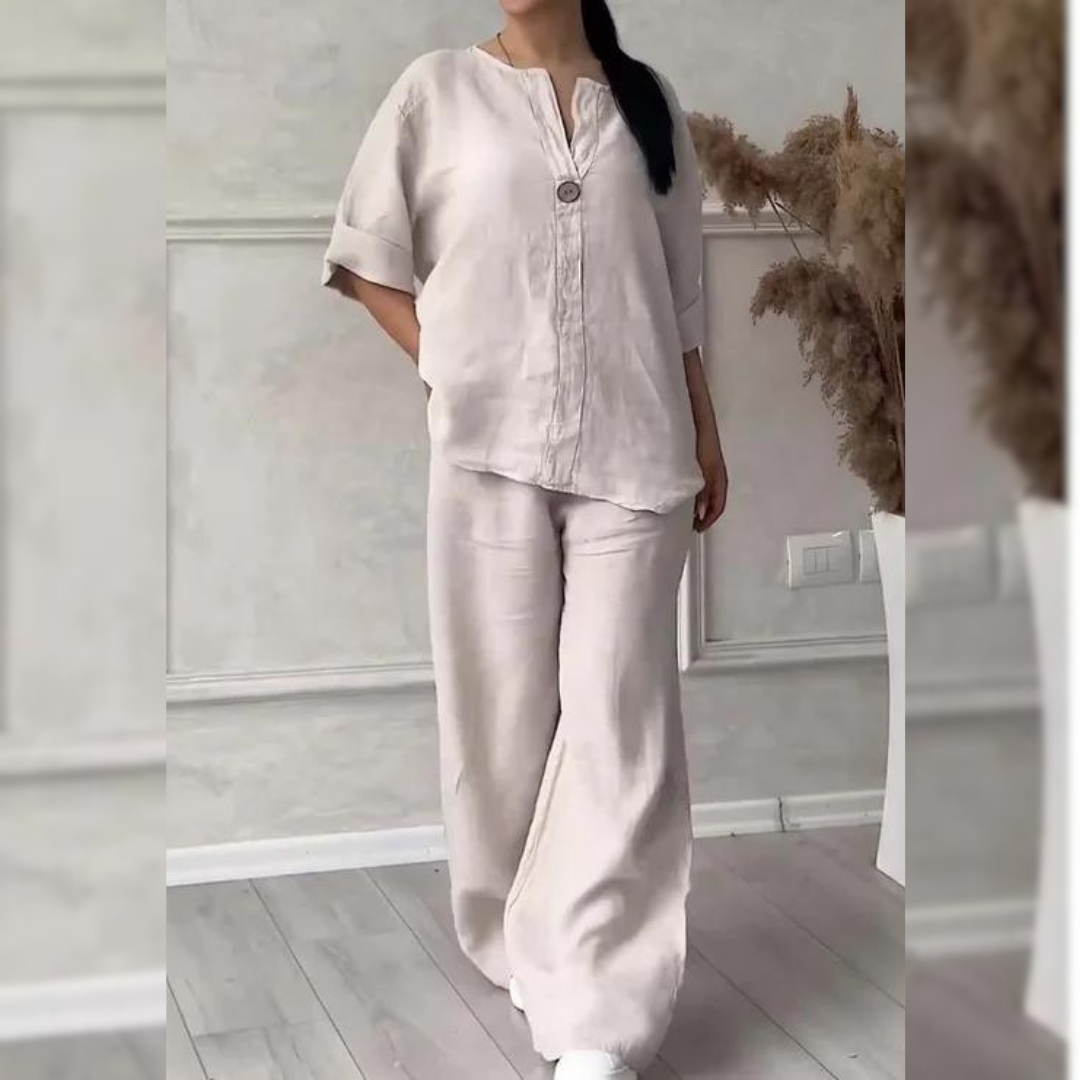 Elegancki damski komplet wiosenny z bawełny: koszula oversize i szerokie spodnie. Komfort i styl w jednym.