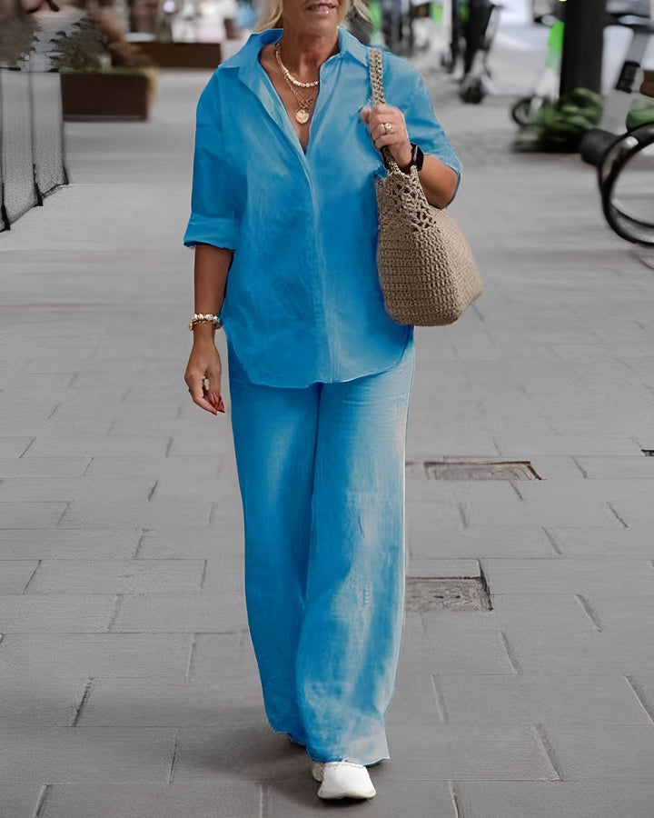 Modny i luźny damski zestaw lniany Earleen, swobodny outfit na letnie wyjścia.