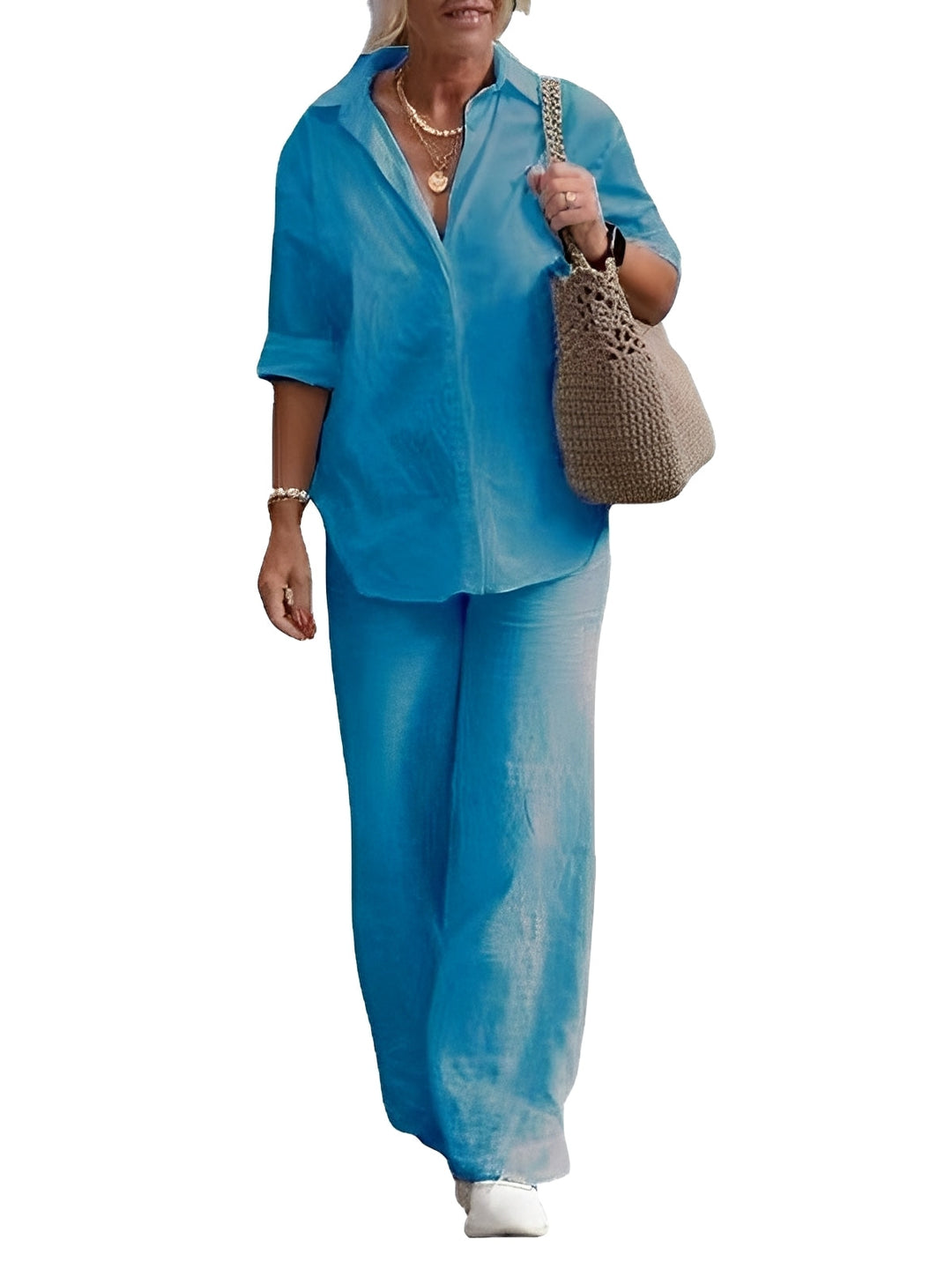 Naturalny damski zestaw lniany Earleen, gwarantujący swobodę i komfort w letnim stylu.