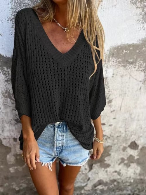 Komfortowy damski top z dekoltem V, luźny krój boho. Idealny letni top do swobodnych stylizacji.