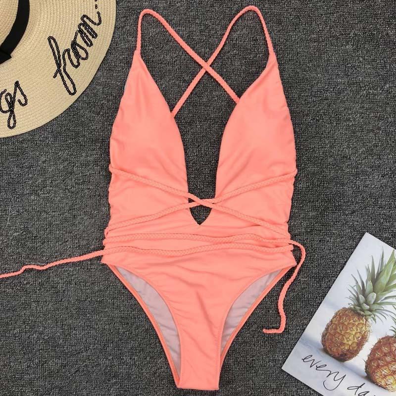 Głęboko wycięty damski monokini z wiązaniem, jednoczęściowy strój kąpielowy, idealny na plażę.