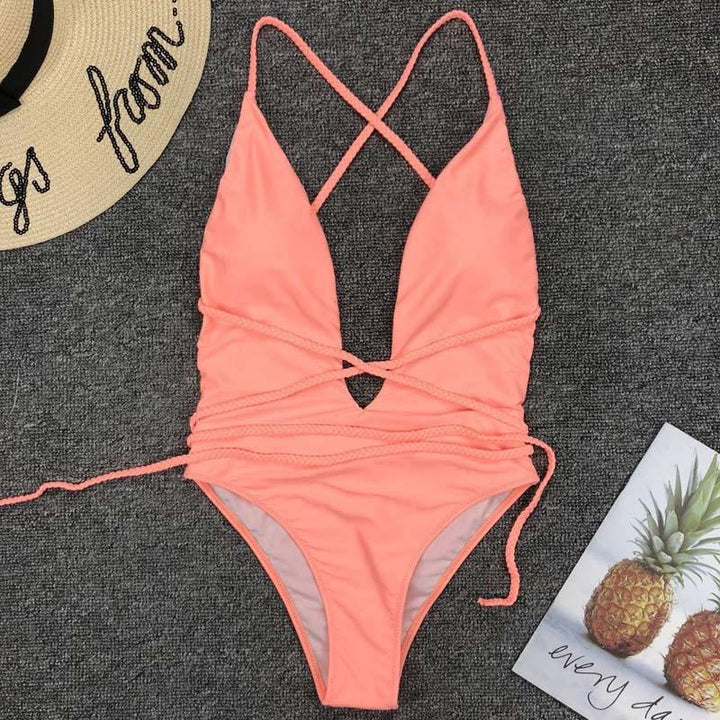 Głęboko wycięty damski monokini z wiązaniem, jednoczęściowy strój kąpielowy, idealny na plażę.
