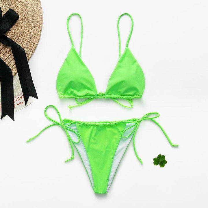 Modny damski mikro bikini neonowy, wiązany strój kąpielowy na upalne lato.