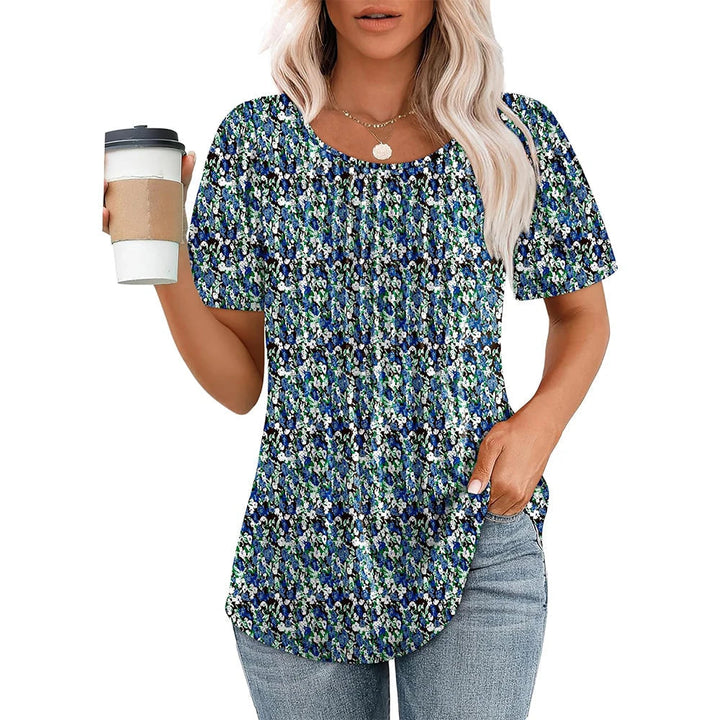Wygodny damski t-shirt plisowany, krótki rękaw, okrągły dekolt. Bluzka do biura lub na spotkania.