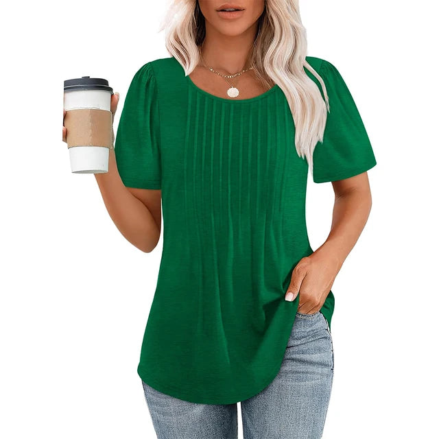 Letni t-shirt damski plisowany z krótkim rękawem, okrągłym dekoltem. Idealny na upalne dni.