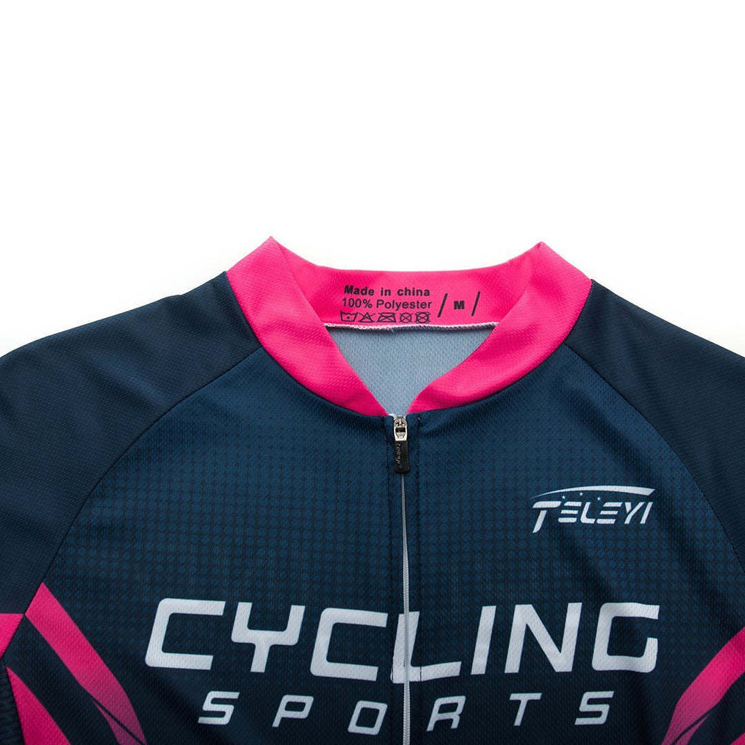 Różowy damski komplet kolarski: bluzka rowerowa i spodenki z wkładką, oddychający materiał.