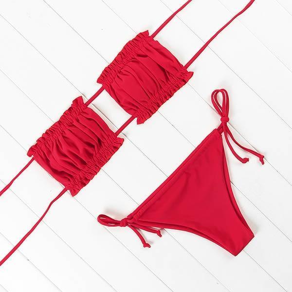 Damski marszczony strój kąpielowy bikini bez ramiączek, dwuczęściowy, modny na lato i basen.