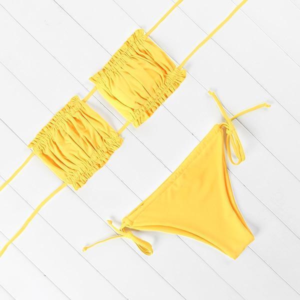 Kompletny damski strój kąpielowy bikini, dwuczęściowy, nowoczesny design bez ramiączek, na lato.