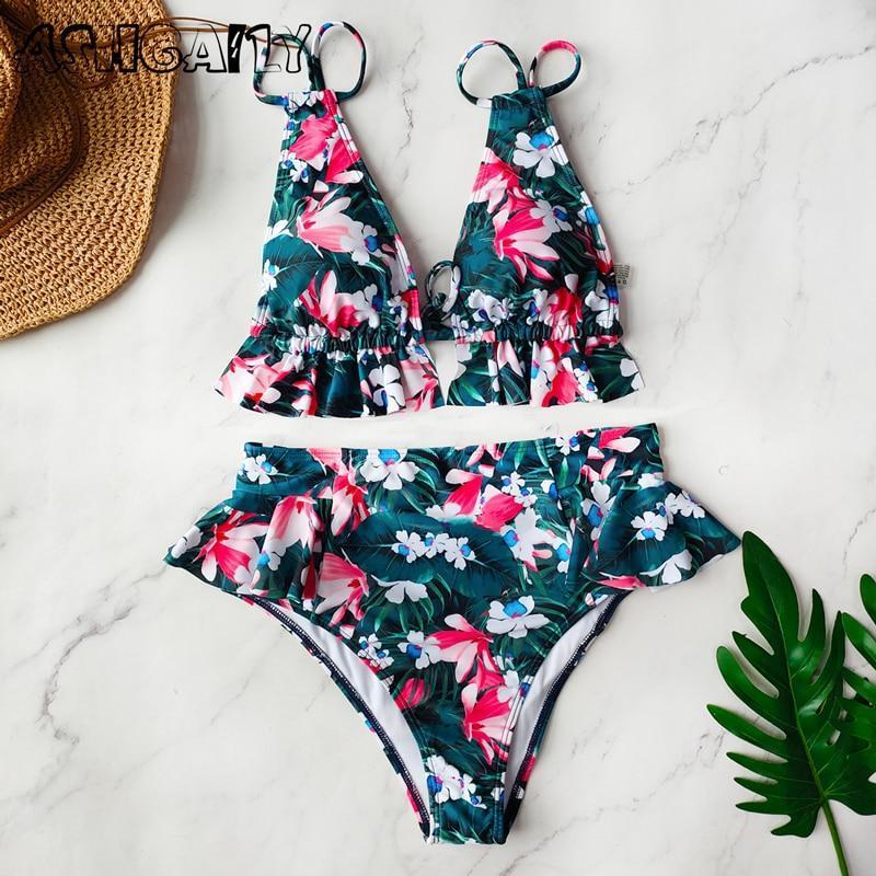 Dwuczęściowy strój kąpielowy damski, bikini z falbankami. Modny kostium plażowy z wysokim stanem na lato.