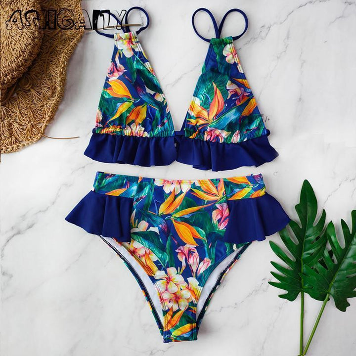 Damskie bikini z falbankami. Dwuczęściowy strój kąpielowy na lato, wysoki stan.