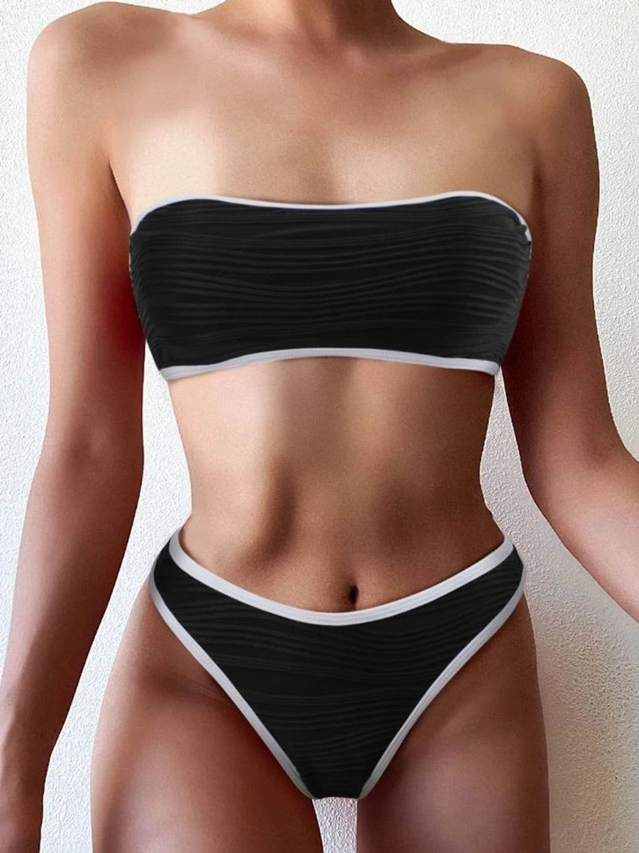 Stylowy damski zestaw bikini z wysoką talią, komfortowy strój kąpielowy na plażę. Modny design w beżu lub czerni.