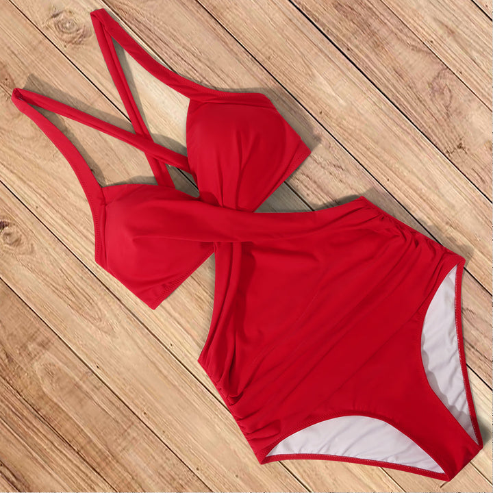 Elegancki damski strój kąpielowy monokini z ozdobnym wiązaniem. Usztywniany, jednoczęściowy, na plażę.