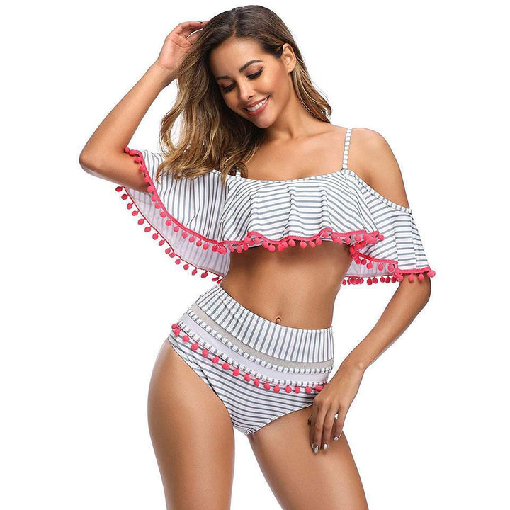 Stylowy dwuczęściowy strój kąpielowy tankini damski, moda kąpielowa z falbanką.
