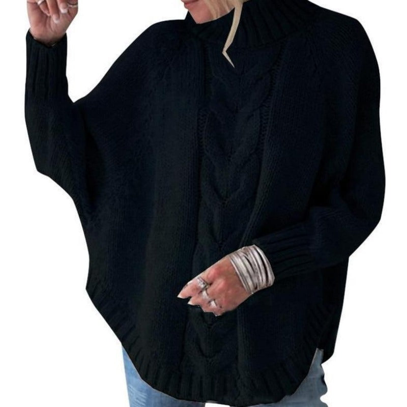 Elegancki sweter damski oversize z golfem, dzianinowy, z unikalnym haftem. Wygodny i stylowy.