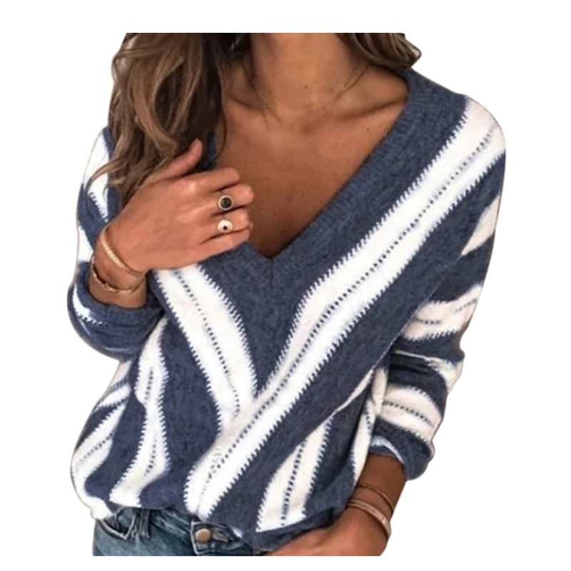 Modny damski sweter dziergany w paski, luźny fason z dekoltem V-neck. Idealny do codziennych stylizacji.