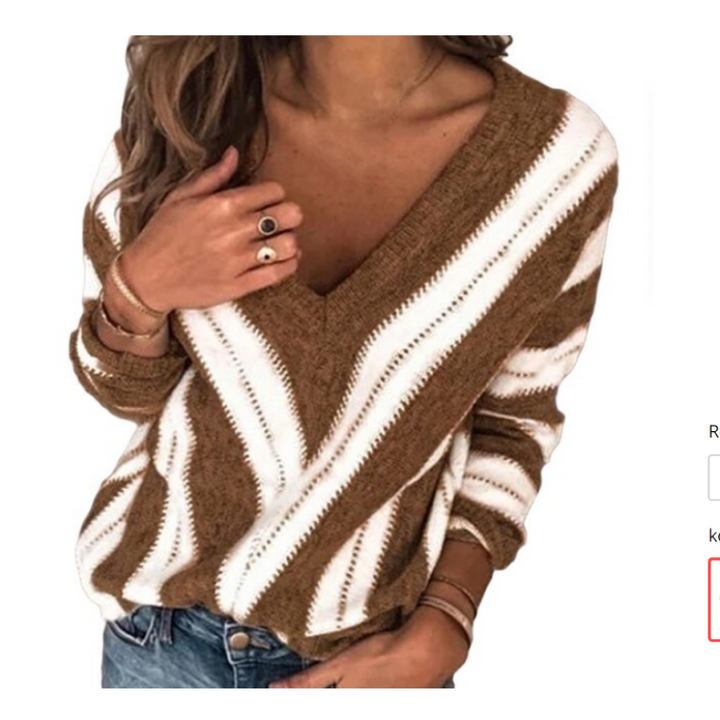 Komfortowy sweter dziergany damski w paski, luźny krój V-neck. Miękki i przyjemny w dotyku.