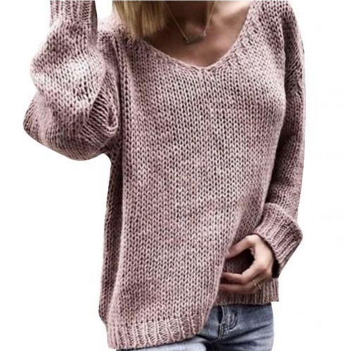 Damski sweter dziergany z dekoltem V, luźny krój. Idealny na jesień/zimę, komfortowa moda damska.