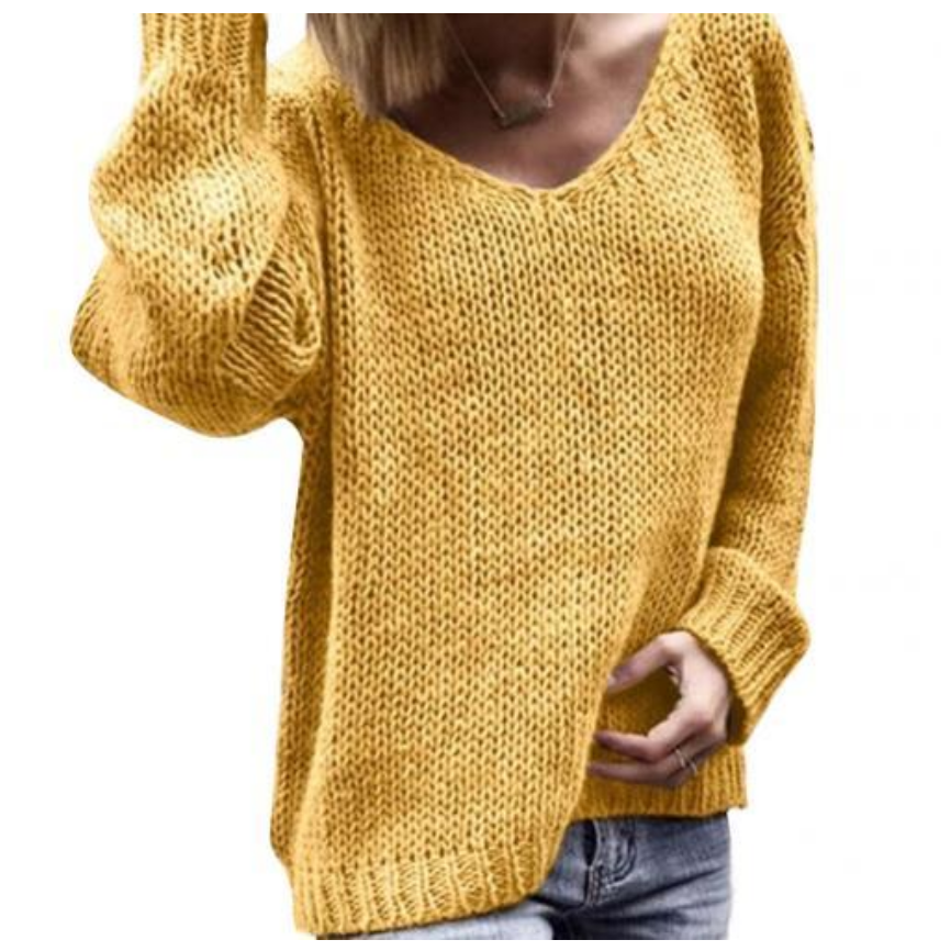Modny damski sweter dziergany z dekoltem V. Wygodny i uniwersalny krój na casualowe i eleganckie stylizacje.