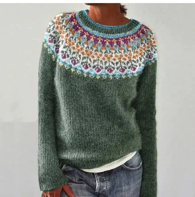 Wygodny damski sweter jesienno-zimowy, islandzki wzór, okrągły dekolt i luźny krój dla komfortu.