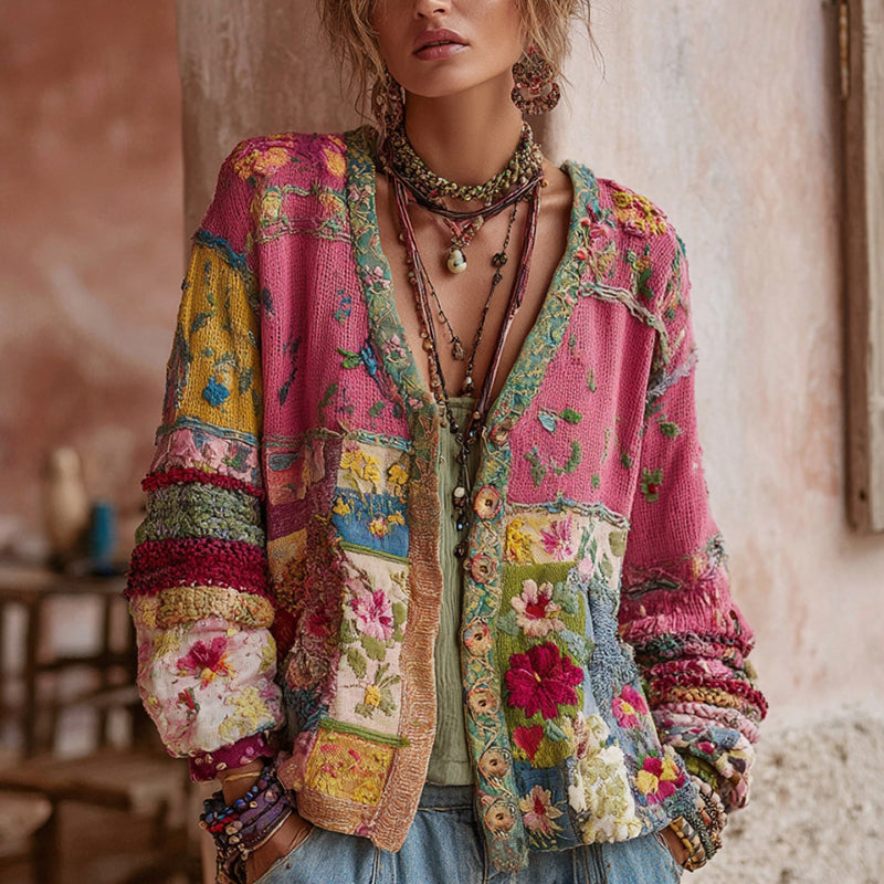 Kobieta ubrana w różowy damski sweter rozpinany w kwiaty w stylu boho