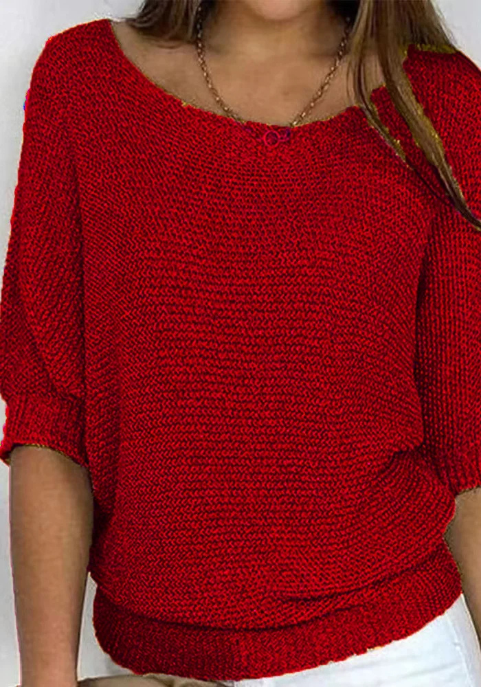 Wiosenny sweter damski z dekoltem łódką i rękawem do łokcia. Elegancki i wygodny fason.