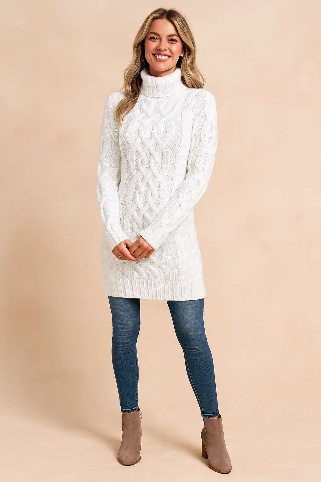Damski sweter z golfem w warkoczowy splot, idealny na zimę i jesień. Ciepły i elegancki pulower damski.