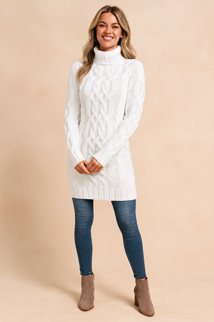 Damski sweter z golfem w warkoczowy splot, idealny na zimę i jesień. Ciepły i elegancki pulower damski.