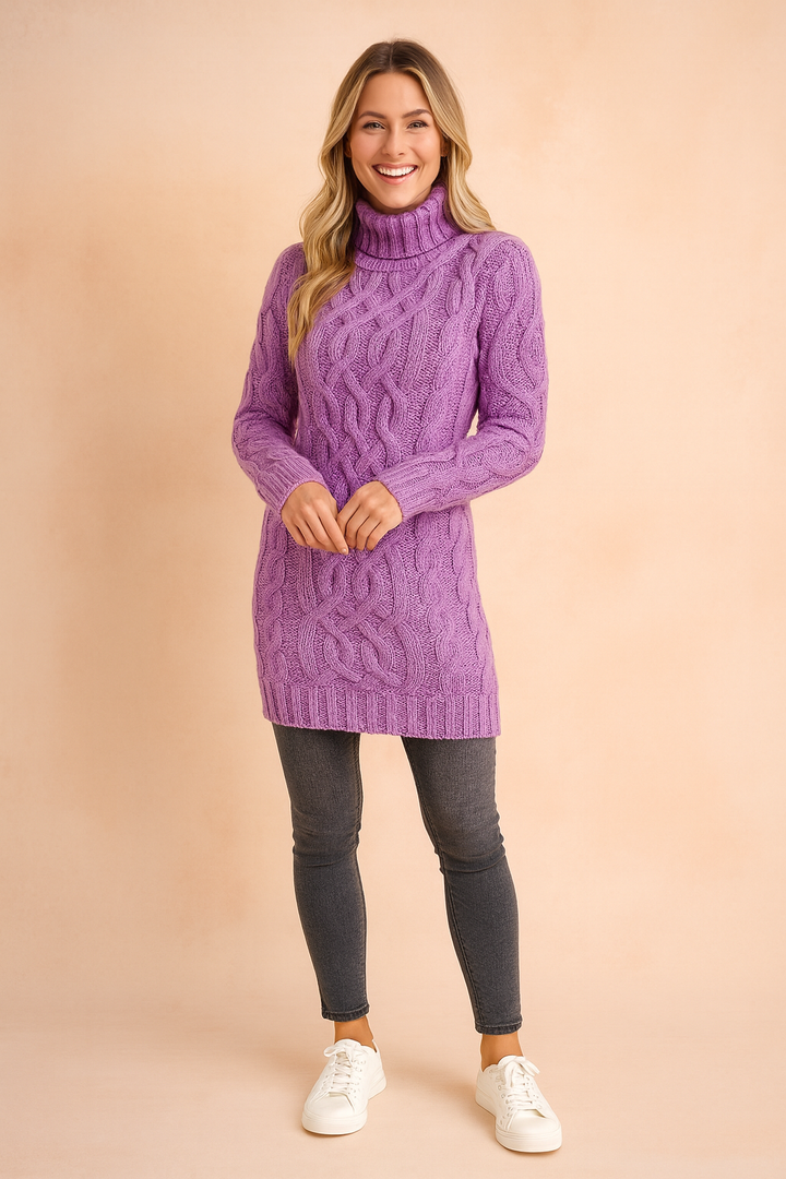 Damski sweter z golfem, warkoczowy splot. Ciepły i elegancki pulower na jesień i zimę. Must-have w szafie.