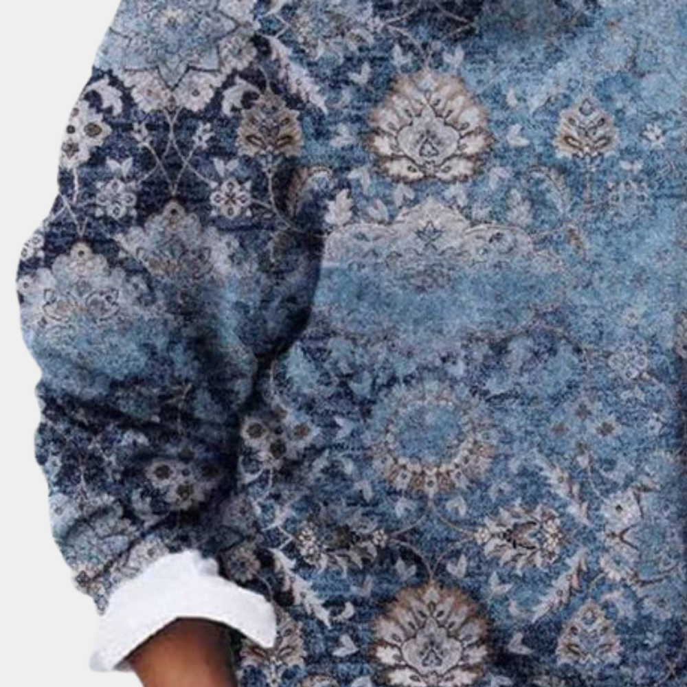 Stylowy sweter damski z wzorem, ciepły i modny. Doskonały do jesiennych stylizacji, komfortowa odzież zimowa.