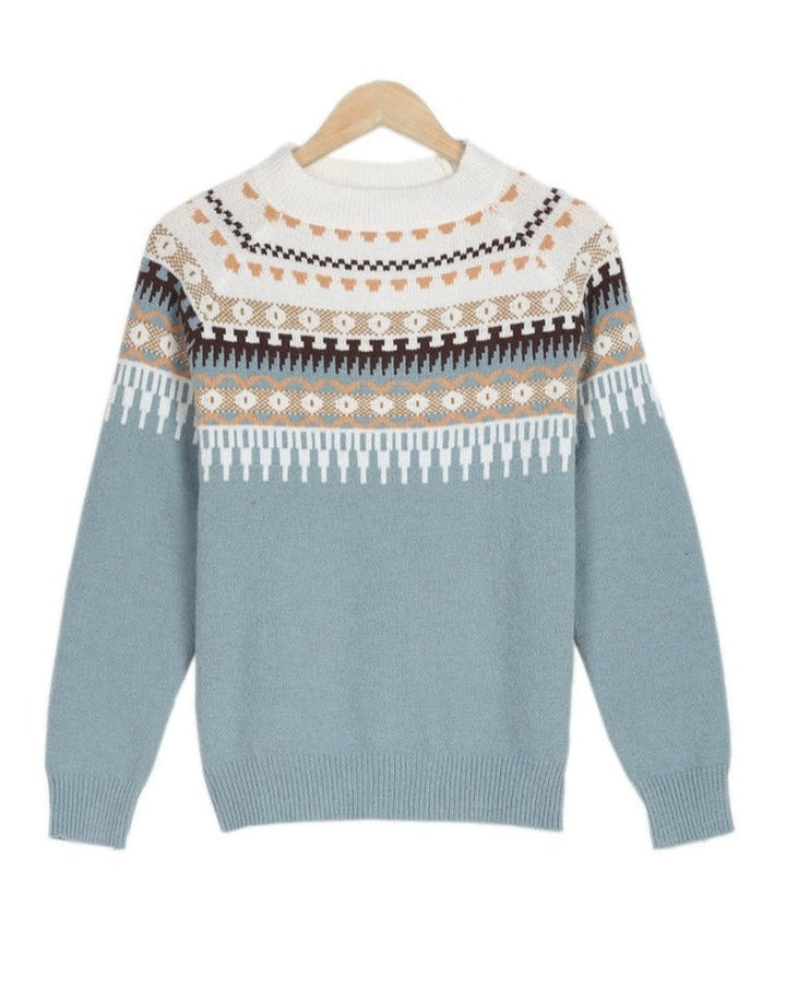 Damski sweter z okrągłym dekoltem, długim rękawem, dostępny w dużych rozmiarach. Modny i komfortowy.