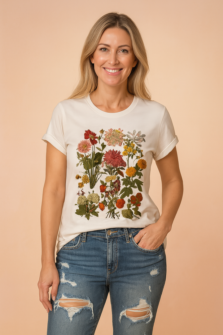 Damski t-shirt z kolorowym kwiatowym nadrukiem, idealny na lato i do codziennych stylizacji. Wygodny i modny.