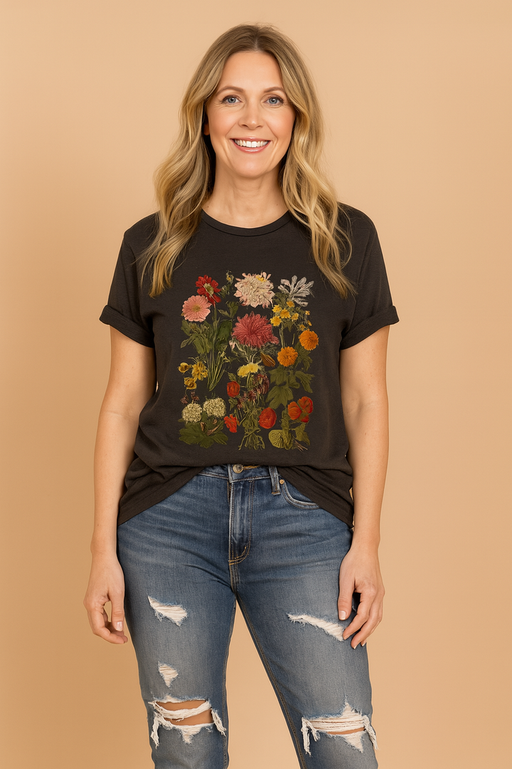 Kwiatowy t-shirt damski z nadrukiem, dostępny w dużych rozmiarach. Idealny dla kobiet ceniących wygodę i styl boho.