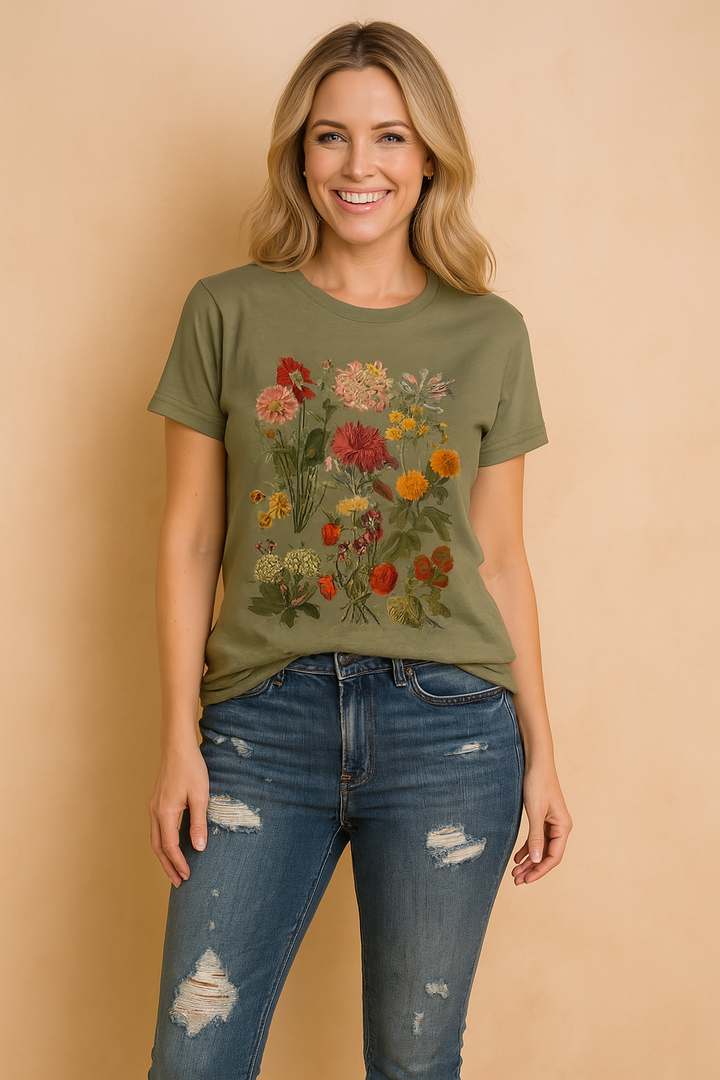 Stylowy damski t-shirt z wyrazistym kwiatowym nadrukiem. Modna i wygodna bluzka idealna na wiosnę i lato.
