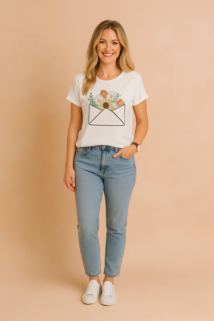 Damski t-shirt z nadrukiem, wzór serca i napis miłość, idealny do casualowych stylizacji.