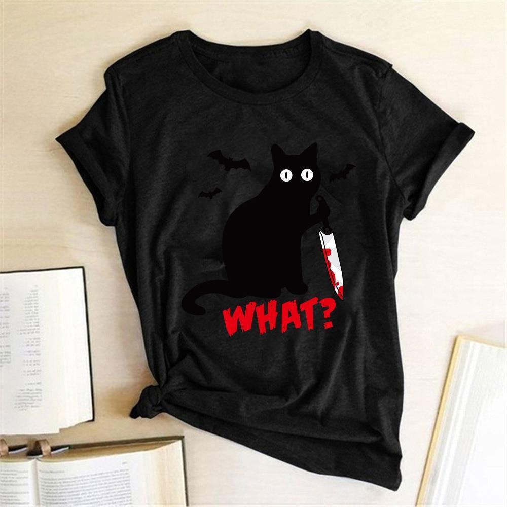 Damski T-shirt z uroczym nadrukiem kota, luźny krój, dekolt okrągły. Idealna do casualowych stylizacji.